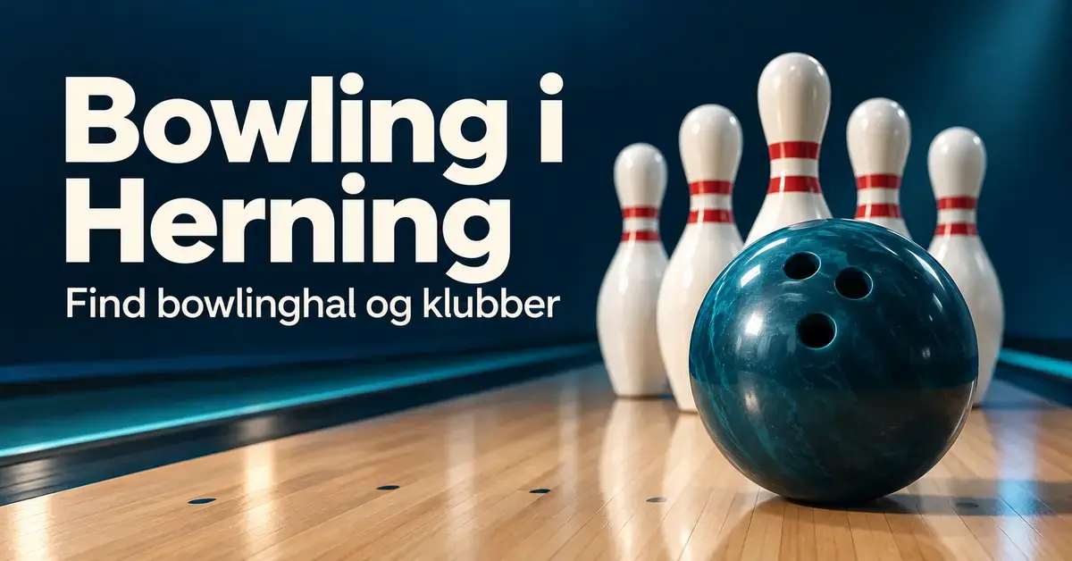 Grafik med en blå bowlingkugle og hvide kegler på en bowlingbane samt teksten »Bowling i Herning – Find bowlinghal og klubber«.