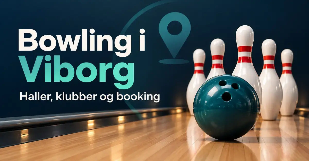 Grafik med en bowlingkugle og kegler på en bowlingbane samt teksten »Bowling i Viborg – Haller, klubber og booking«.