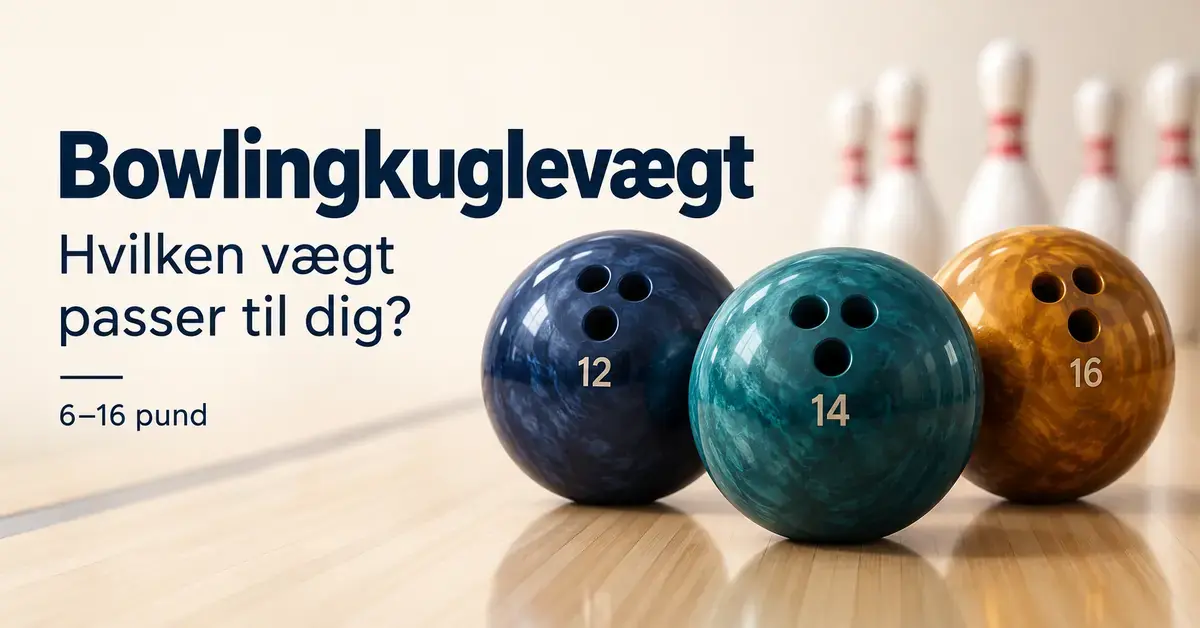 Tre bowlingkugler i blå, turkis og gylden farve mærket 12, 14 og 16 pund illustrerer valget af bowlingkuglevægt med kegler i baggrunden.