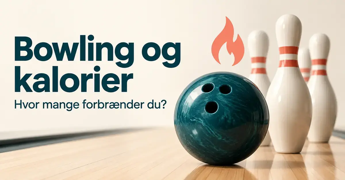 Illustration af en bowlingkugle, kegler og et flammesymbol med teksten »Bowling og kalorier – Hvor mange forbrænder du?«.