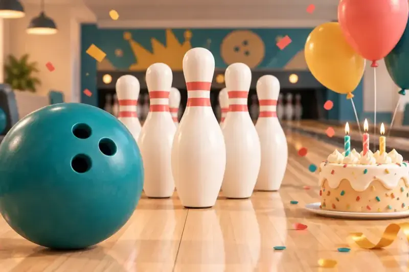 En turkis bowlingkugle og hvide kegler på en bowlingbane pyntet med balloner, konfetti og en fødselsdagskage med lys.