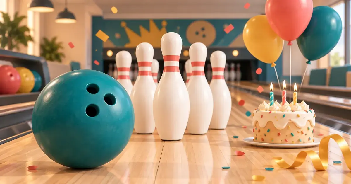 En turkis bowlingkugle og hvide kegler på en bowlingbane pyntet med balloner, konfetti og en fødselsdagskage med lys.