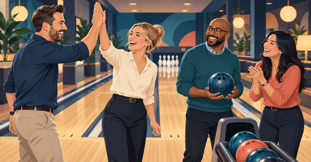 Illustration af fire kolleger, der smiler og giver highfive ved en bowlingbane til firmafest og teambuilding.