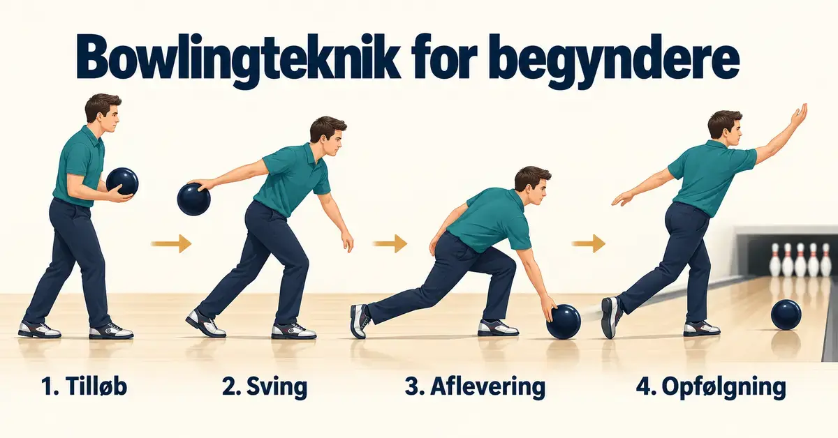 Illustration af bowlingteknik for begyndere med fire trin: tilløb, sving, aflevering og opfølgning.