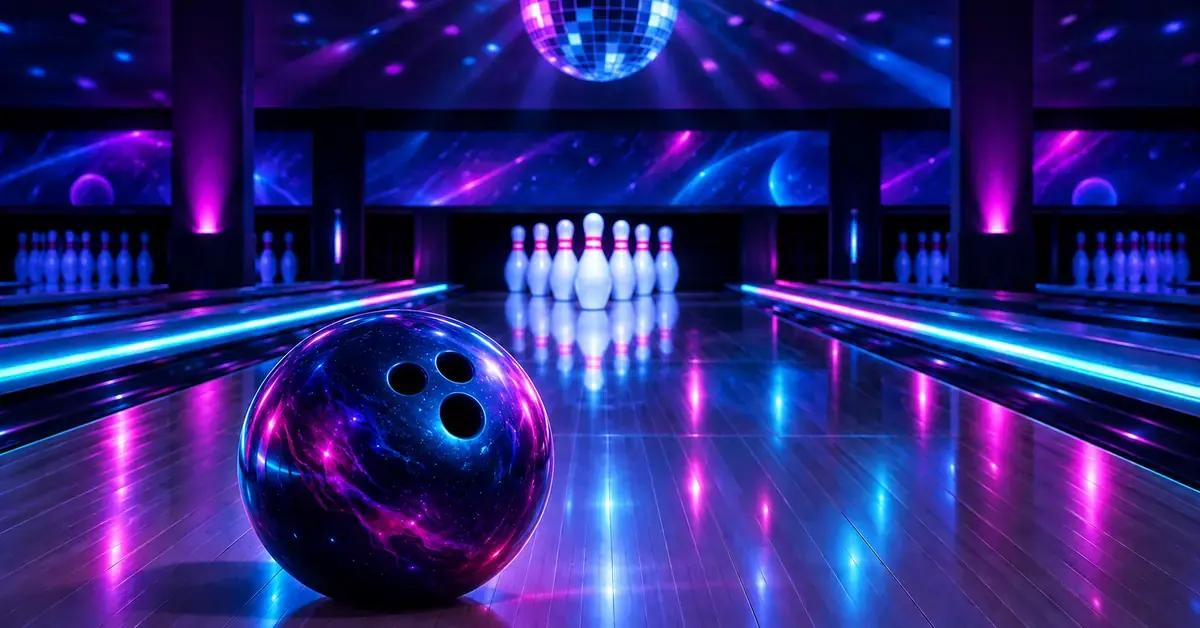 Bowlingkugle og lysende kegler på en bowlingbane med blåt og lilla neonlys og en diskokugle i loftet.