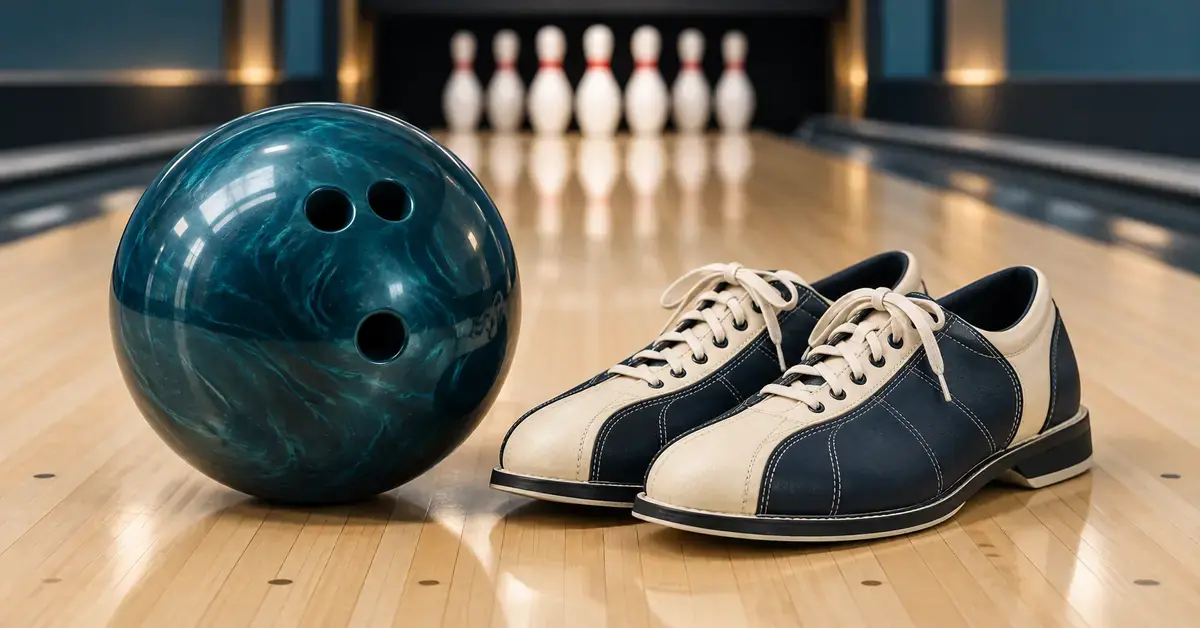En mørk turkis bowlingkugle og et par cremefarvede bowlingsko med mørkeblå detaljer på en bowlingbane med kegler i baggrunden.