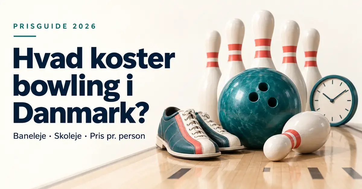 Grafik om bowlingpriser i Danmark i 2026 med bowlingkugle, kegler, bowlingsko og et ur samt teksten »Hvad koster bowling i Danmark?«.
