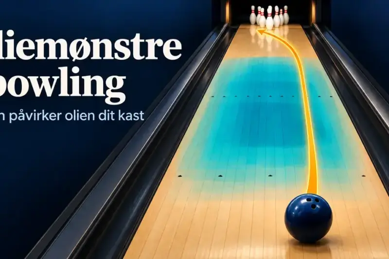 Illustration af en bowlingbane med et turkis oliemønster og en gul pil, der viser kuglens kurve mod keglerne.