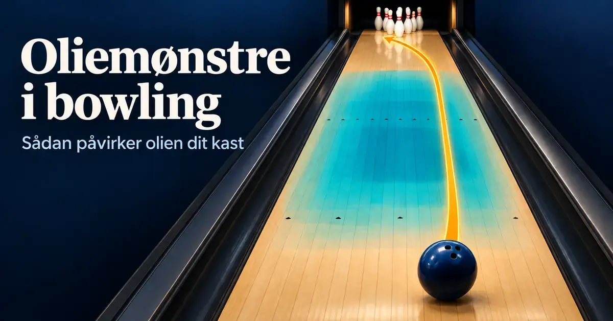Illustration af en bowlingbane med et turkis oliemønster og en gul pil, der viser kuglens kurve mod keglerne.