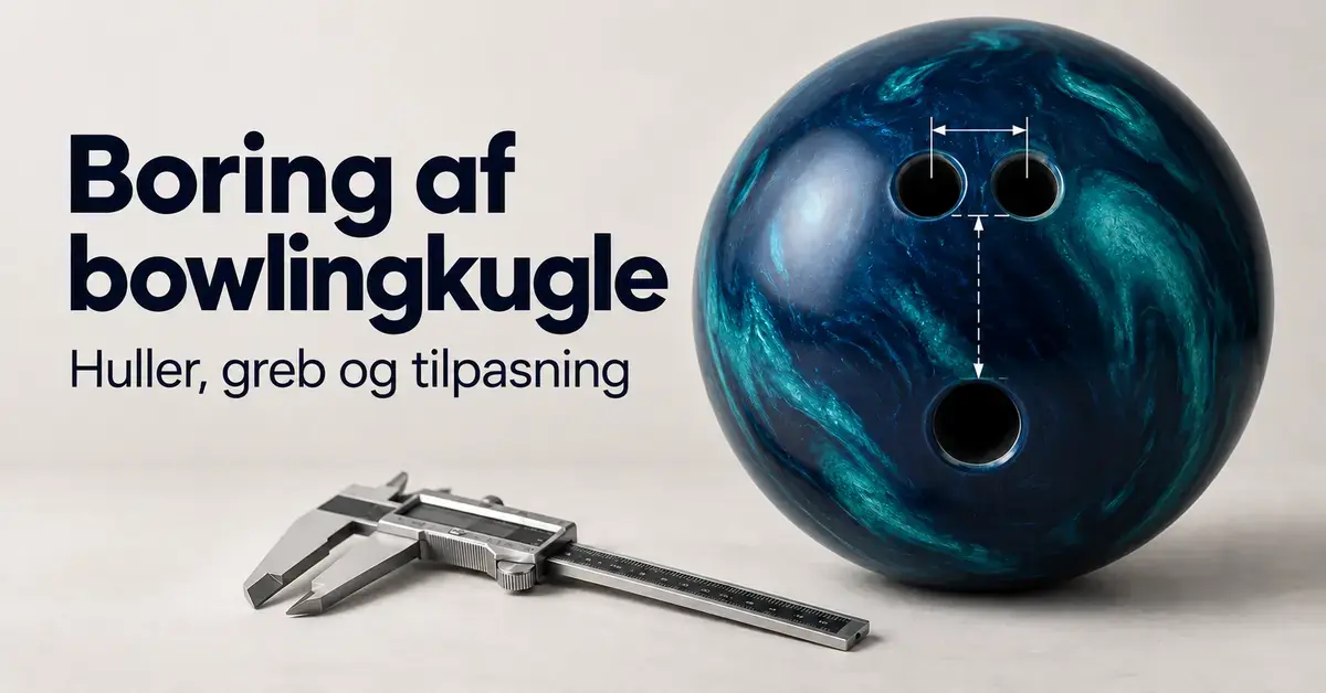 Blå bowlingkugle med tre borede huller, målepile og en skydelære ved siden af teksten »Boring af bowlingkugle – Huller, greb og tilpasning«.