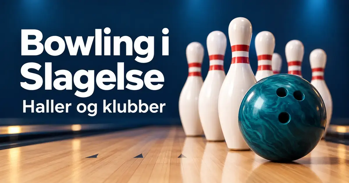 Grafik med en turkis bowlingkugle og hvide kegler på en bowlingbane samt teksten »Bowling i Slagelse – Haller og klubber«.