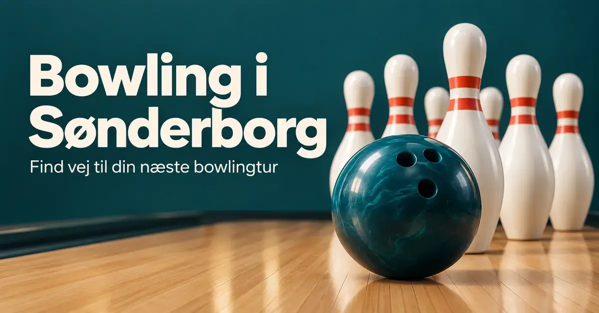 Grafik med en blå bowlingkugle og hvide kegler på en træbane samt teksten »Bowling i Sønderborg – Find vej til din næste bowlingtur«.