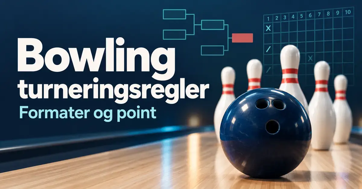 Grafik med en bowlingkugle, kegler og et turneringsskema samt teksten »Bowling turneringsregler – Formater og point«.