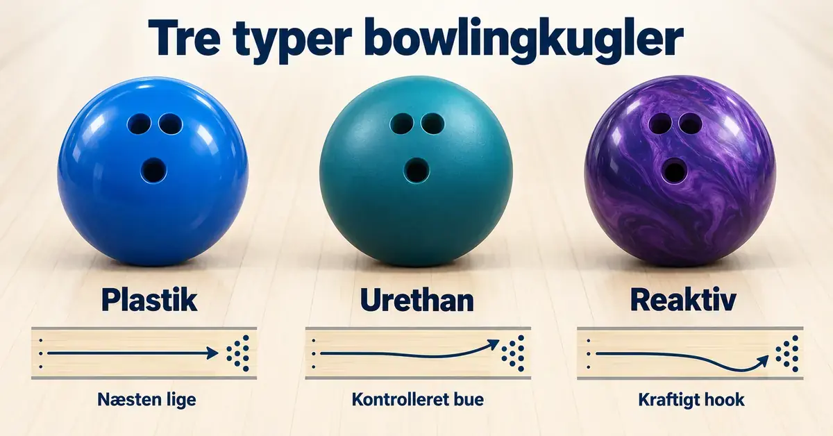 Tre bowlingkugler af plastik, urethan og reaktiv resin med illustrationer af henholdsvis næsten lige rul, kontrolleret bue og kraftigt hook.