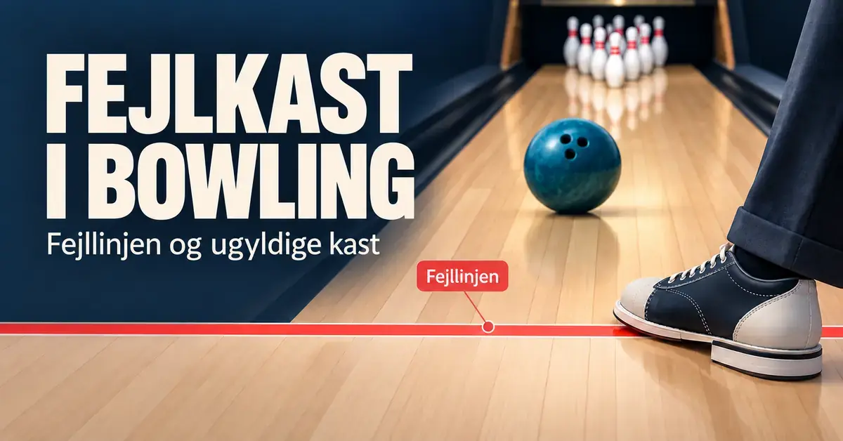 Illustration af en bowlingsko over den rødt markerede fejllinje med en bowlingkugle og kegler på banen.