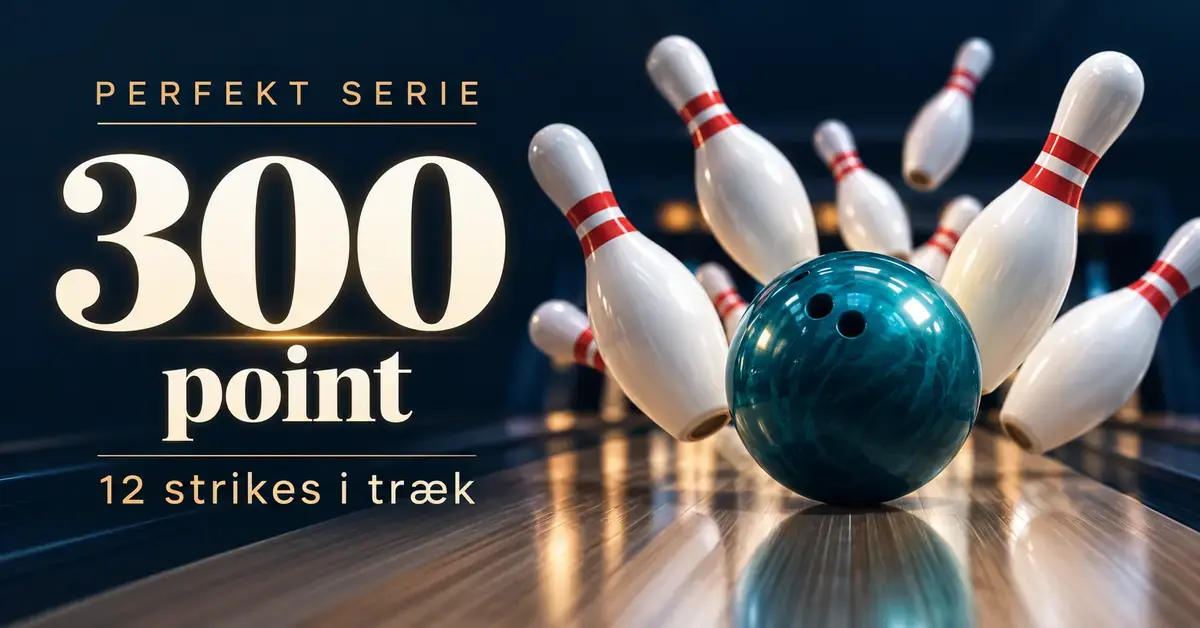 En turkis bowlingkugle vælter kegler ved siden af teksten »Perfekt serie – 300 point – 12 strikes i træk«.
