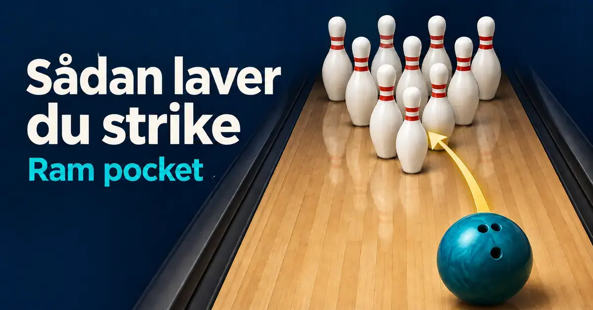 En turkis bowlingkugle følger en buet pil mod pocket mellem forreste kegle og keglen bagved til højre under teksten »Sådan laver du strike – Ram pocket«.