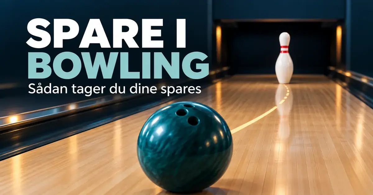 En turkis bowlingkugle på vej mod en enkelt tilbageværende kegle med en markeret sigtelinje og teksten »Spare i bowling – Sådan tager du dine spares«.