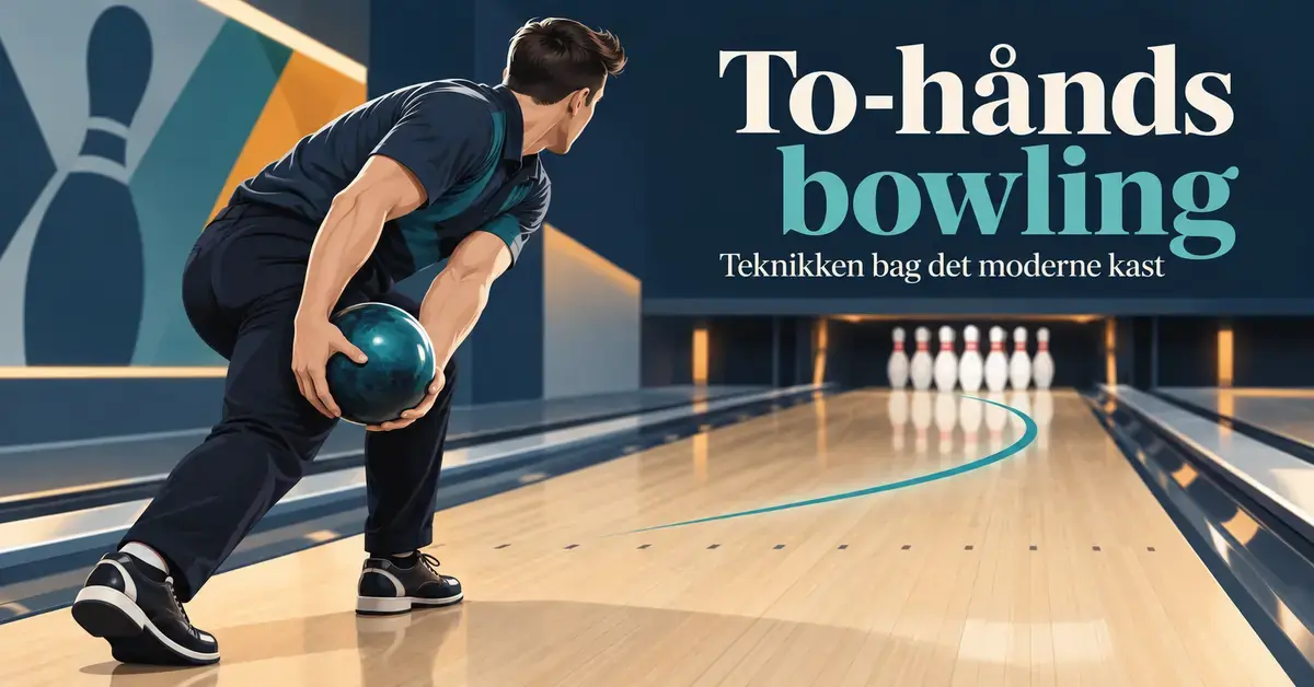 Illustration af en bowler, der holder kuglen med begge hænder under anløbet, med en buet linje mod keglerne og teksten »To-hånds bowling – Teknikken bag det moderne kast«.